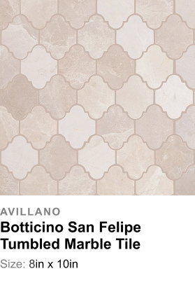 Avillano Botticino San Felipe Tumbled Marble Tile: Size: 8in x 10in. Textured arabesque tiles in soft beige and cream tones, subtly veined marble finish, creating an elegant, rhythmic pattern with timeless appeal.