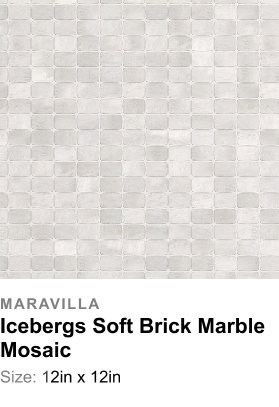 Maravilla Icebergs Soft Brick Marble Mosaic: Size: 12in x 12in. Gridded mosaic of soft gray and white marble tiles, subtly textured and harmoniously balanced for a clean, modern aesthetic.
