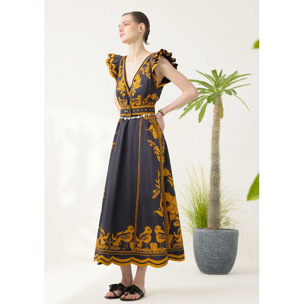 Image of Valmira Embroidered Dress - Midnight/Yellow