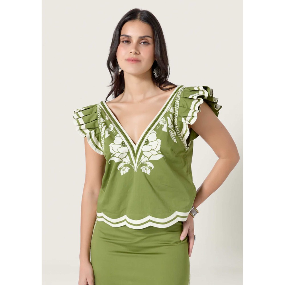 Image of Vittore Embroidered Top - Green/Papyrus