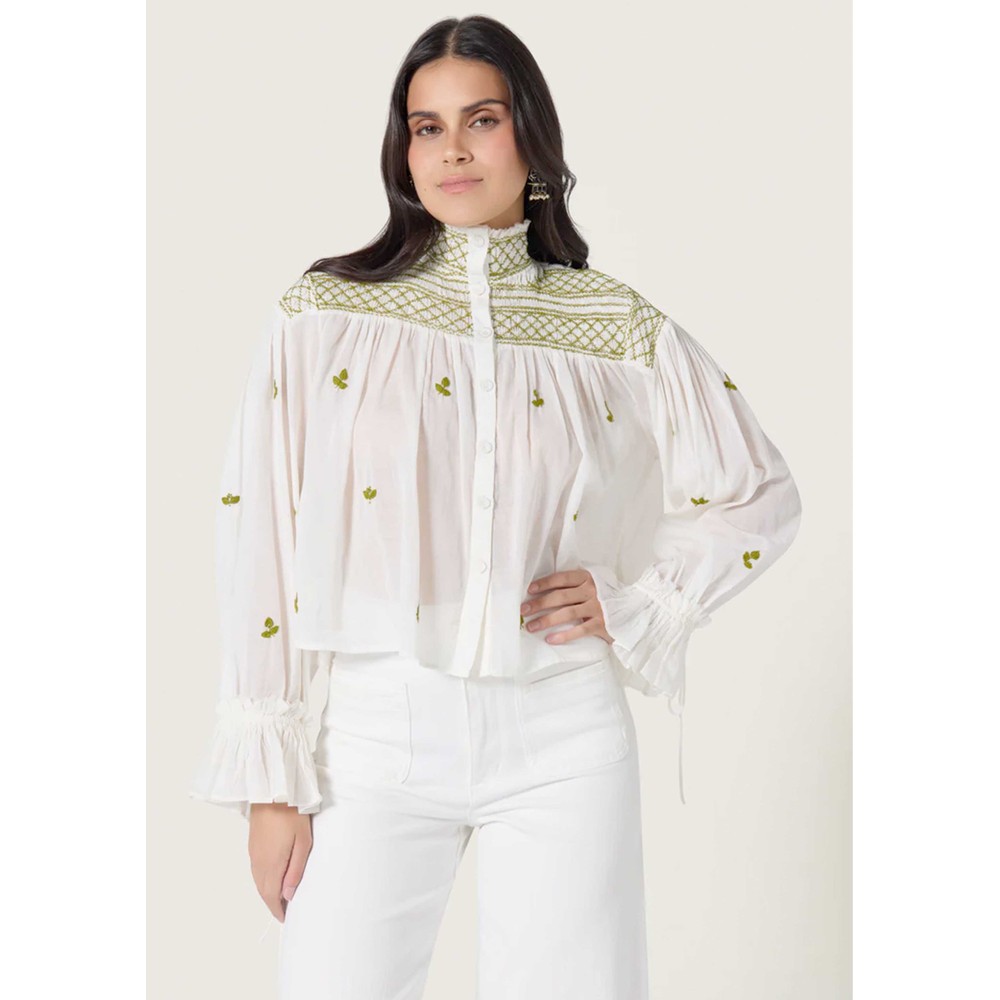 Image of Novelle Embroidered Top - Papyrus/Green