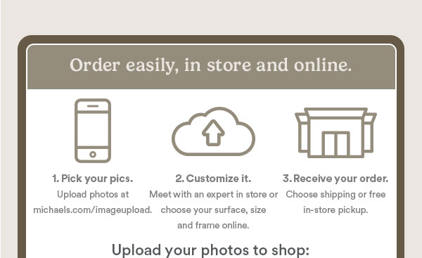Order easily, in store and online. Pick your pics. Upload photos at michaels.com/imageupload. Customize it. Meet with a pro in-store or choose your surface, size and frame online. Receive your order. Choose shipping or free in-store pickup. Upload your photos to shop:
