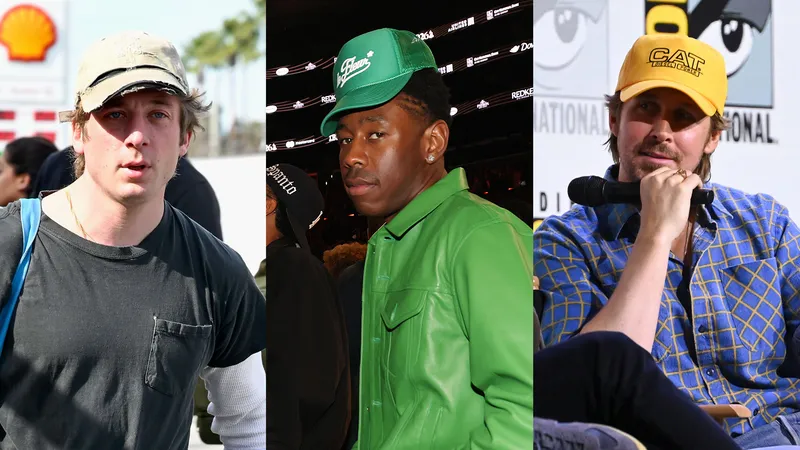 Image may contain: Tyler, The Creator, Baseball Cap, Cap, Clothing, Hat, Coat, Jacket, Adult, Person, Face, and Head