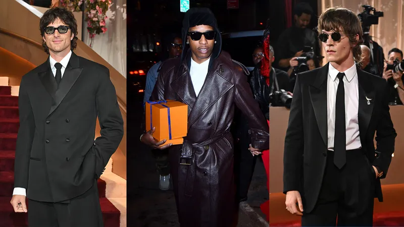 Image may contain: A$AP Rocky, Clothing, Coat, Jacket, Box, Adult, Person, Accessories, Glasses, Sunglasses, and Formal Wear