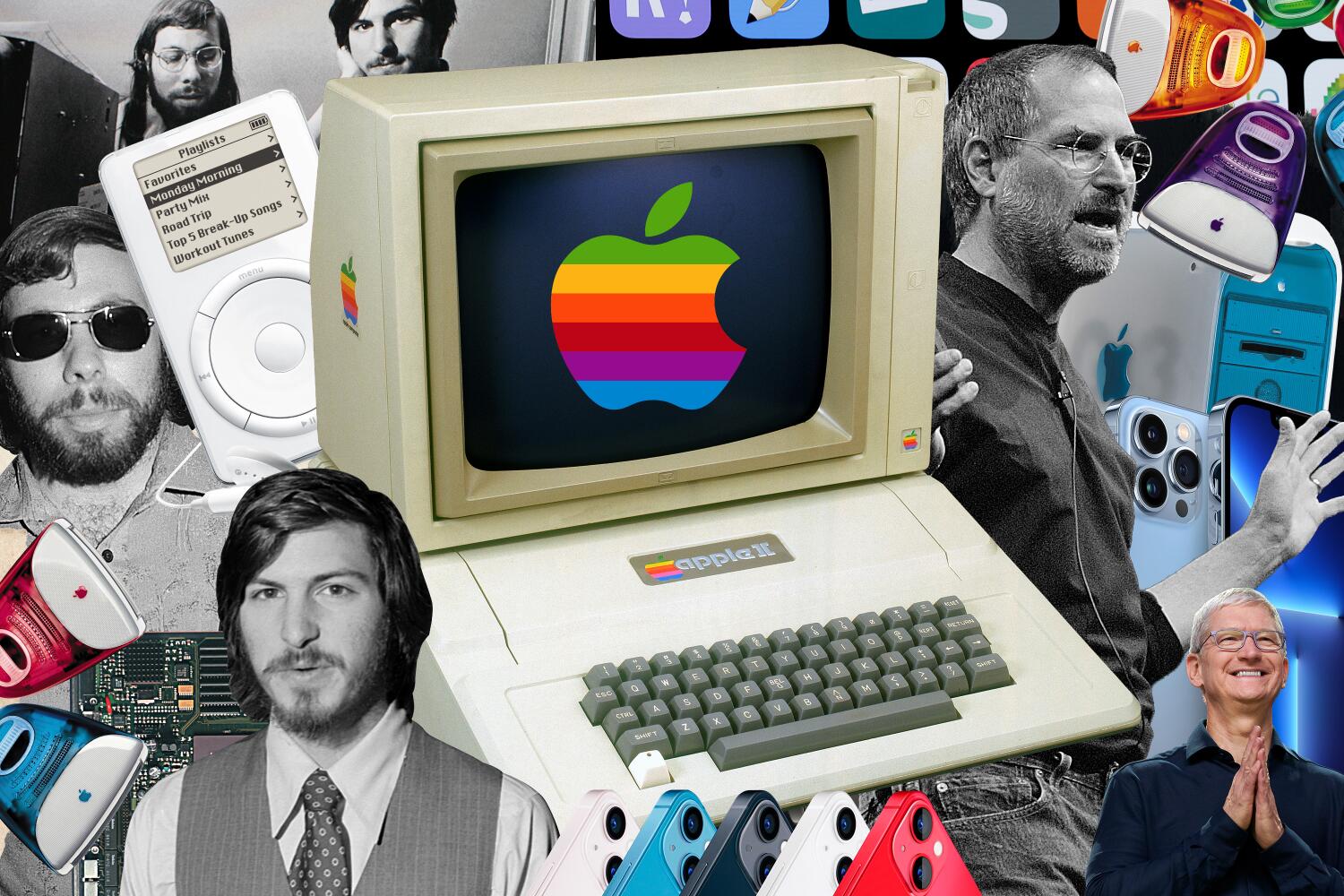 photo collage of Apple Computer products, Steve Jobs, Steve Wozniak, and Tim Cook
