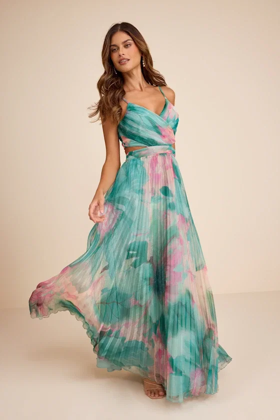 Image of Estelle Teal Blue Floral Pleated Cutout Maxi Dress