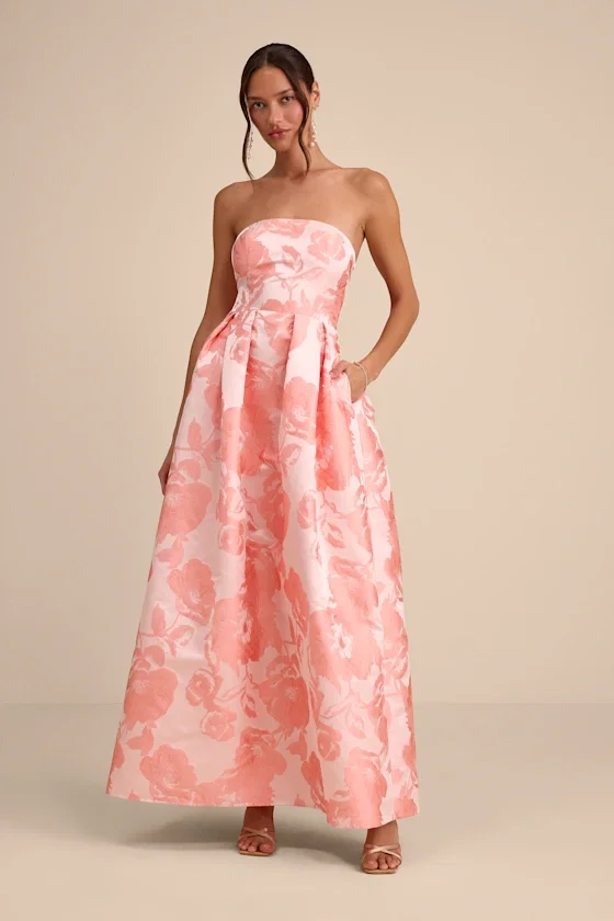Image of Laurelin Blush Floral Jacquard Pleated Strapless Maxi Dress