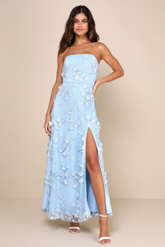 Image of Rare Presence Powder Blue 3D Floral Embroidered Maxi Dress