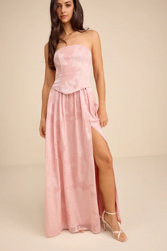 Image of Alanis Light Pink Floral Burnout Lace-Up Maxi Dress