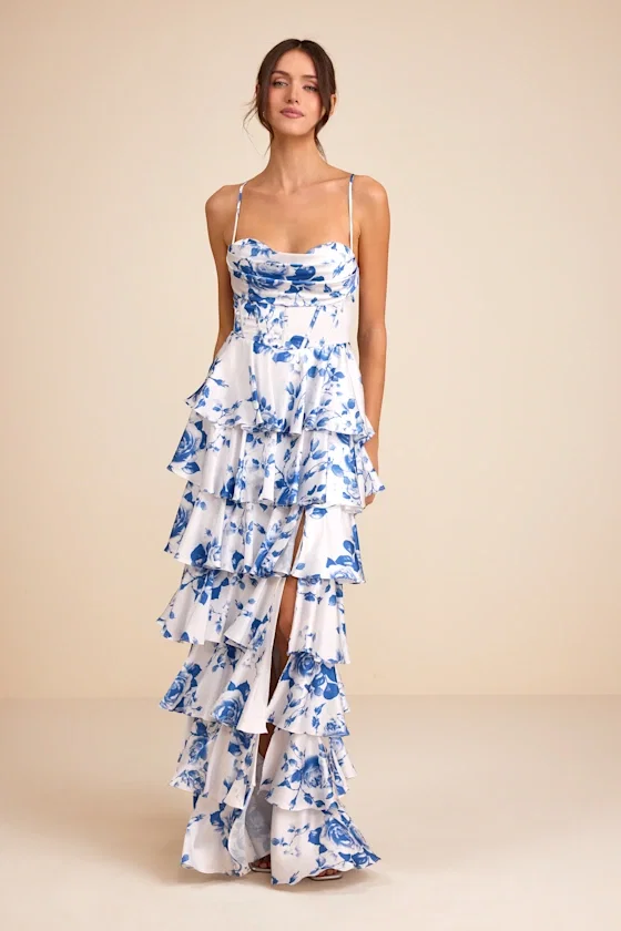 Image of Arletta White and Blue Floral Satin Bustier Tiered Maxi Dress