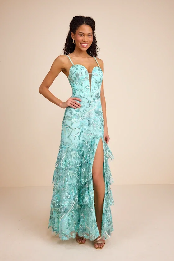 Image of Angele Mint Blue Sequin Embroidered Tiered Maxi Dress