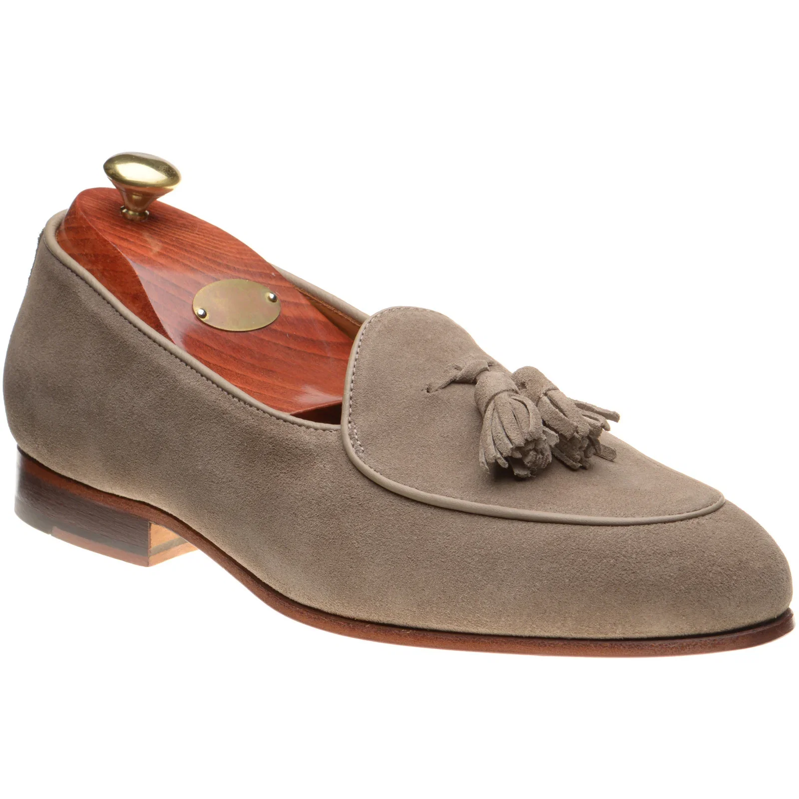 Image of Wildsmith Model 88 tasselled loafers in taupe suede