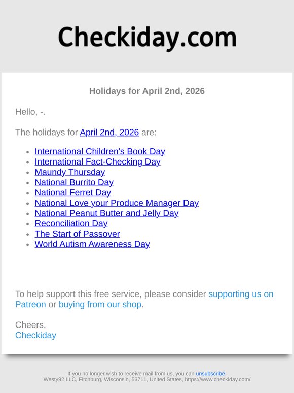 Checkiday: Holidays for April 2nd, 2026! 📅🎉 | Milled