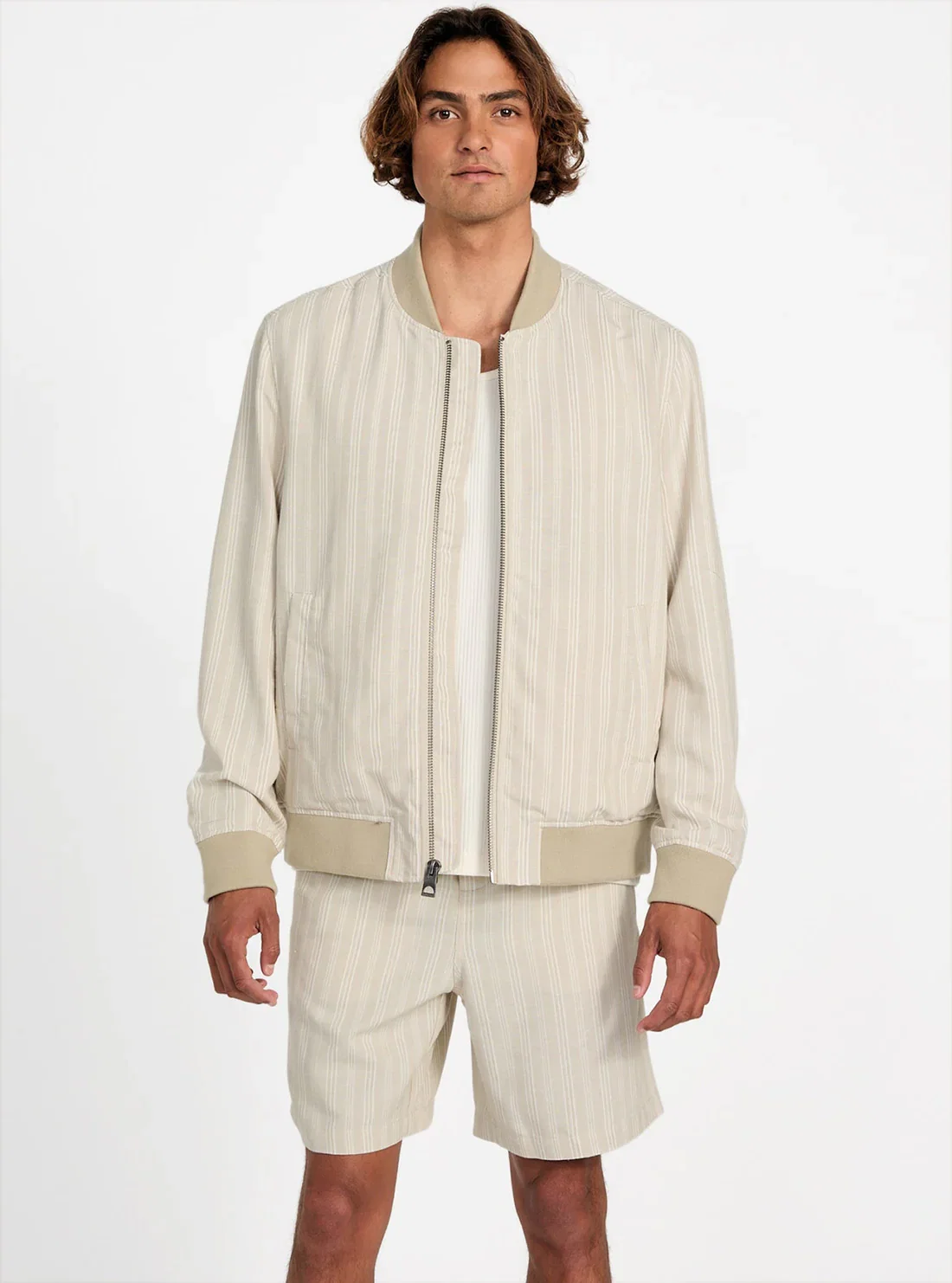 Image of Eco Beige Fletcher Linen Striped Bomber Jacket