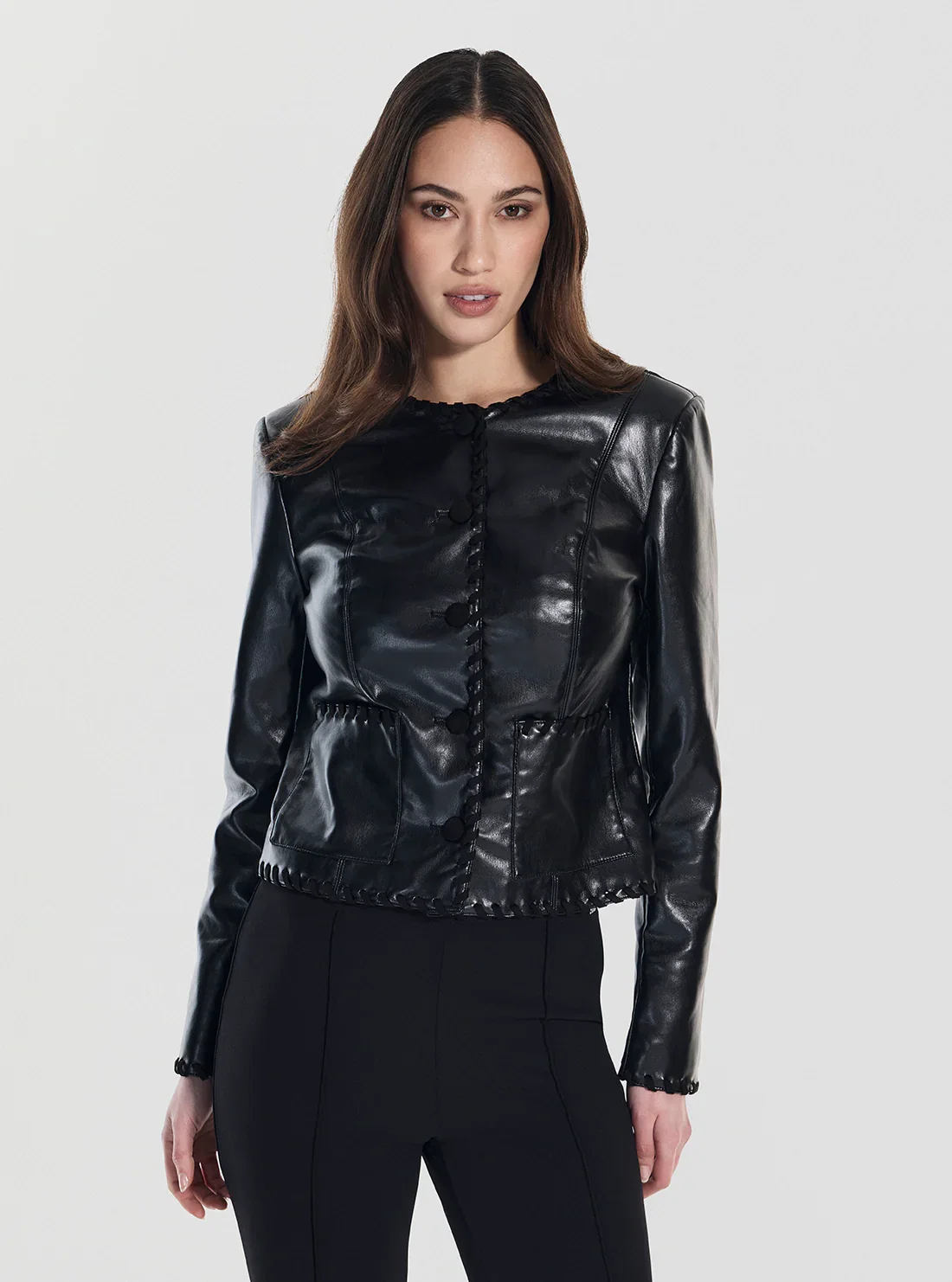 Image of Black Leontine Faux Saffiano Leather Jacket