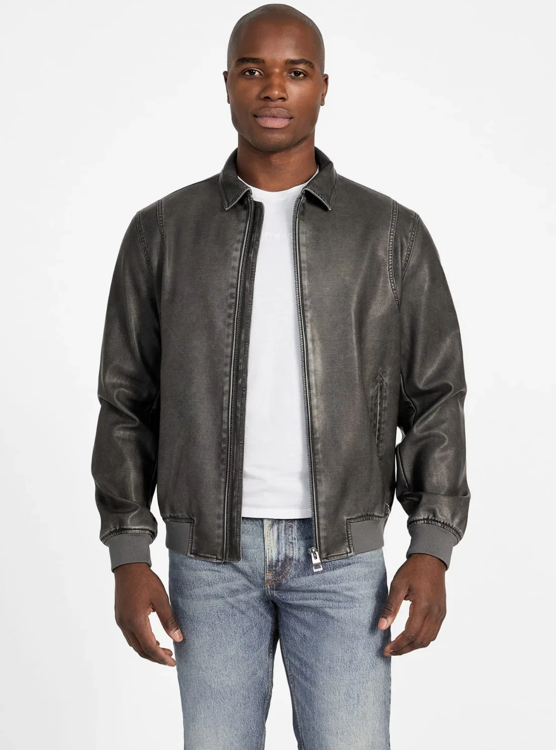 Image of Black Faux-Leather Aviator Bomber Jacket