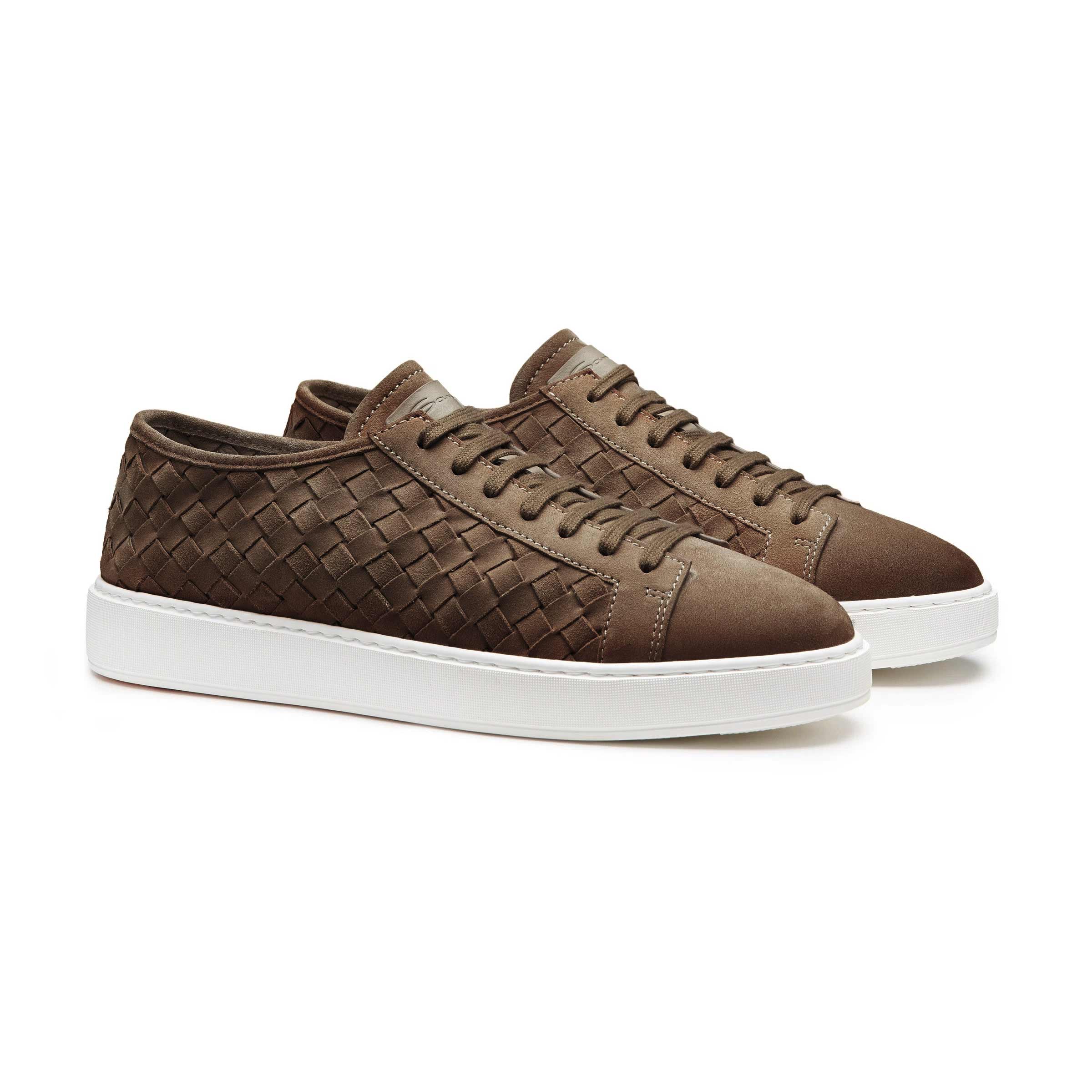 Image of Santoni - Dark Brown Woven Suede Sneaker