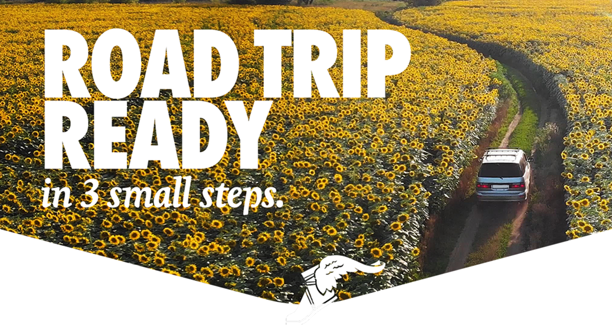 Road Trip Ready in 3 small steps. | Car driving down a country road surrounded by sunflowers