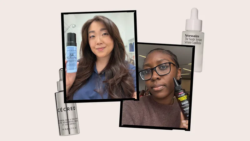 Image contains a collage of Allure editors surrounded by a collage of products for thinning hair