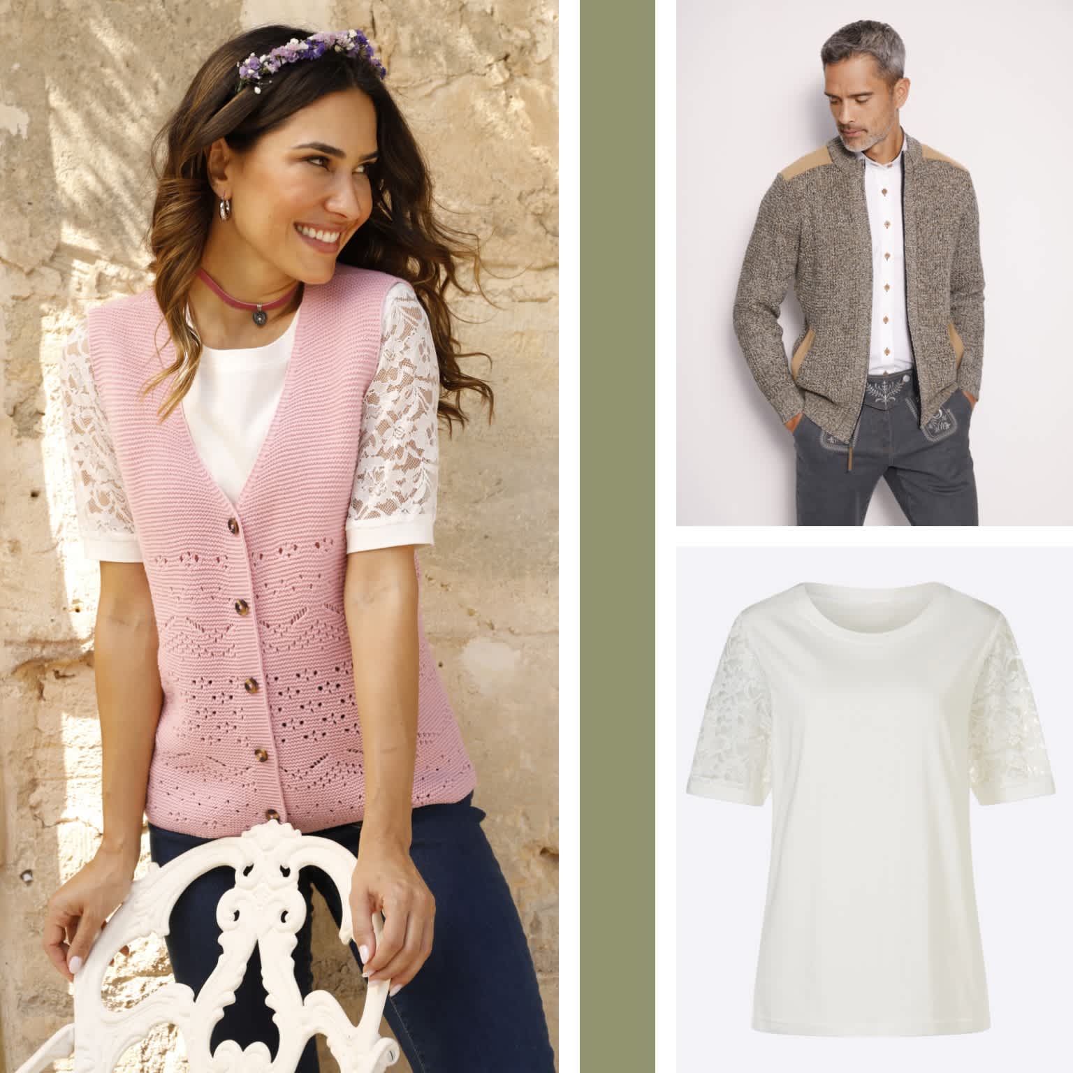 Een model draagt een witte blouse met korte kanten mouwen en een roze gebreid vest, daarnaast een model met een grijze gebreide jas en wit overhemd en een wit shirt met kanten mouwen.