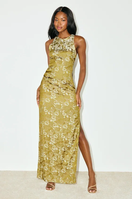 Image of Lamila Chartreuse Floral Satin Column Maxi Dress