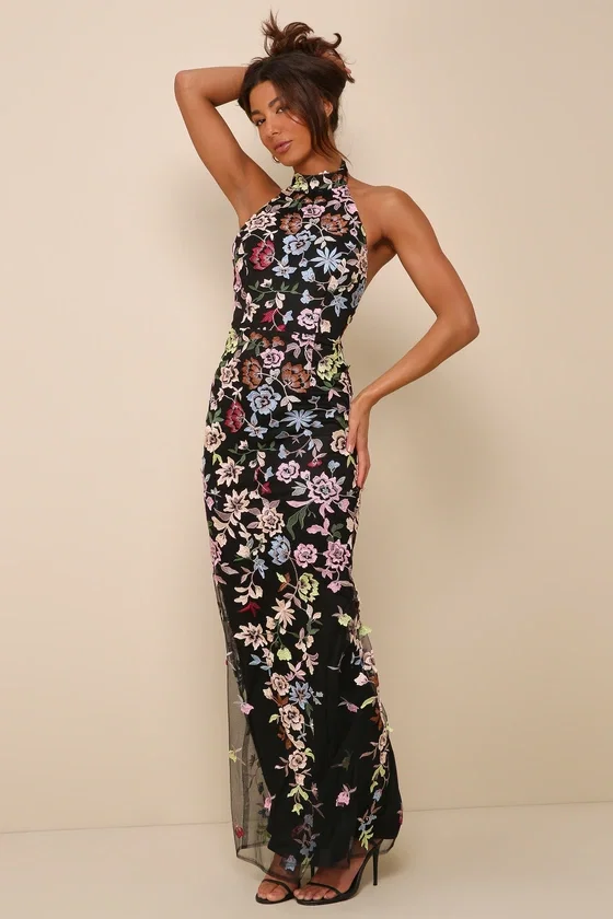 Image of Infinite Praise Black 3D Floral Embroidered Halter Maxi Dress