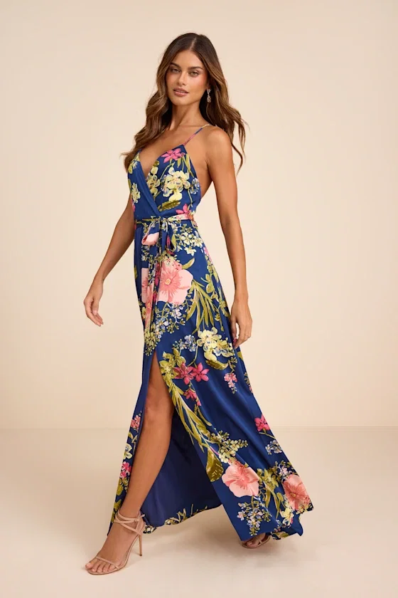 Image of Still the One Blue Floral Print Satin Maxi Dress