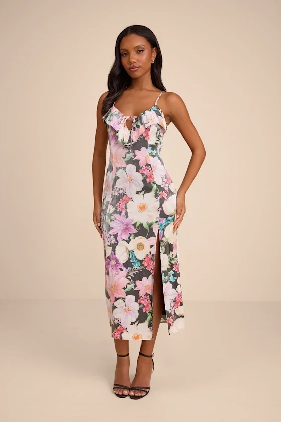 Image of Kayla Black Multi Floral Ruffled Midi Dress