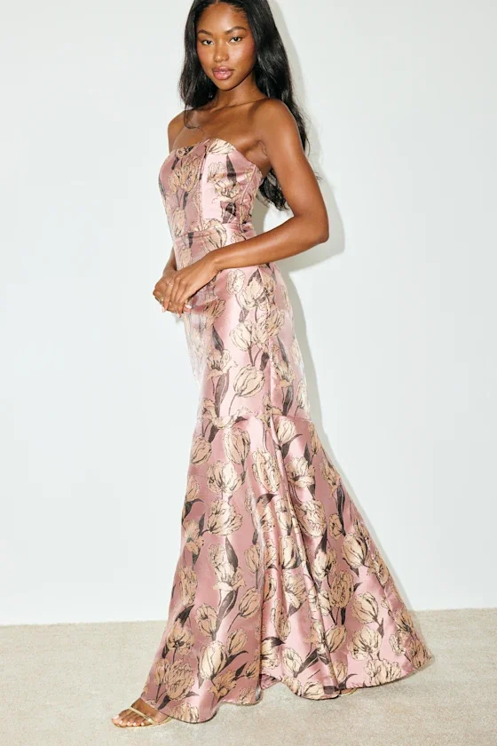 Image of Gowning Around Mauve Floral Jacquard Strapless Maxi Dress