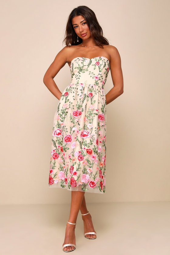 Image of Endless Praise Beige Floral Embroidered Strapless Midi Dress