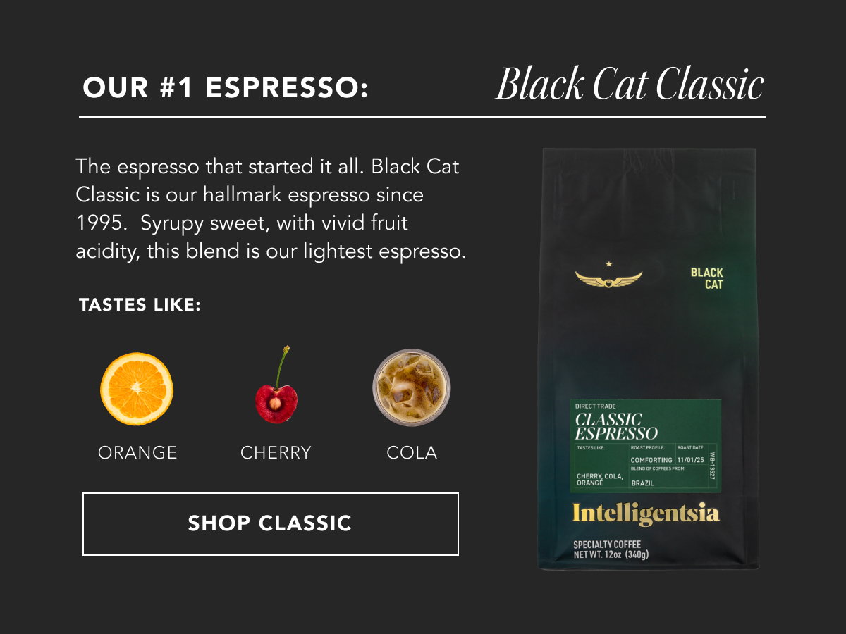 Our #1 Espresso: Black Cat Classic. The espresso that started it all. Black Cat Classic is our hallmark espresso since 1995.  Syrupy sweet, with vivid fruit acidity, this blend is our lightest espresso. Takes like: orange, cherry, cola | SHOP CLASSIC