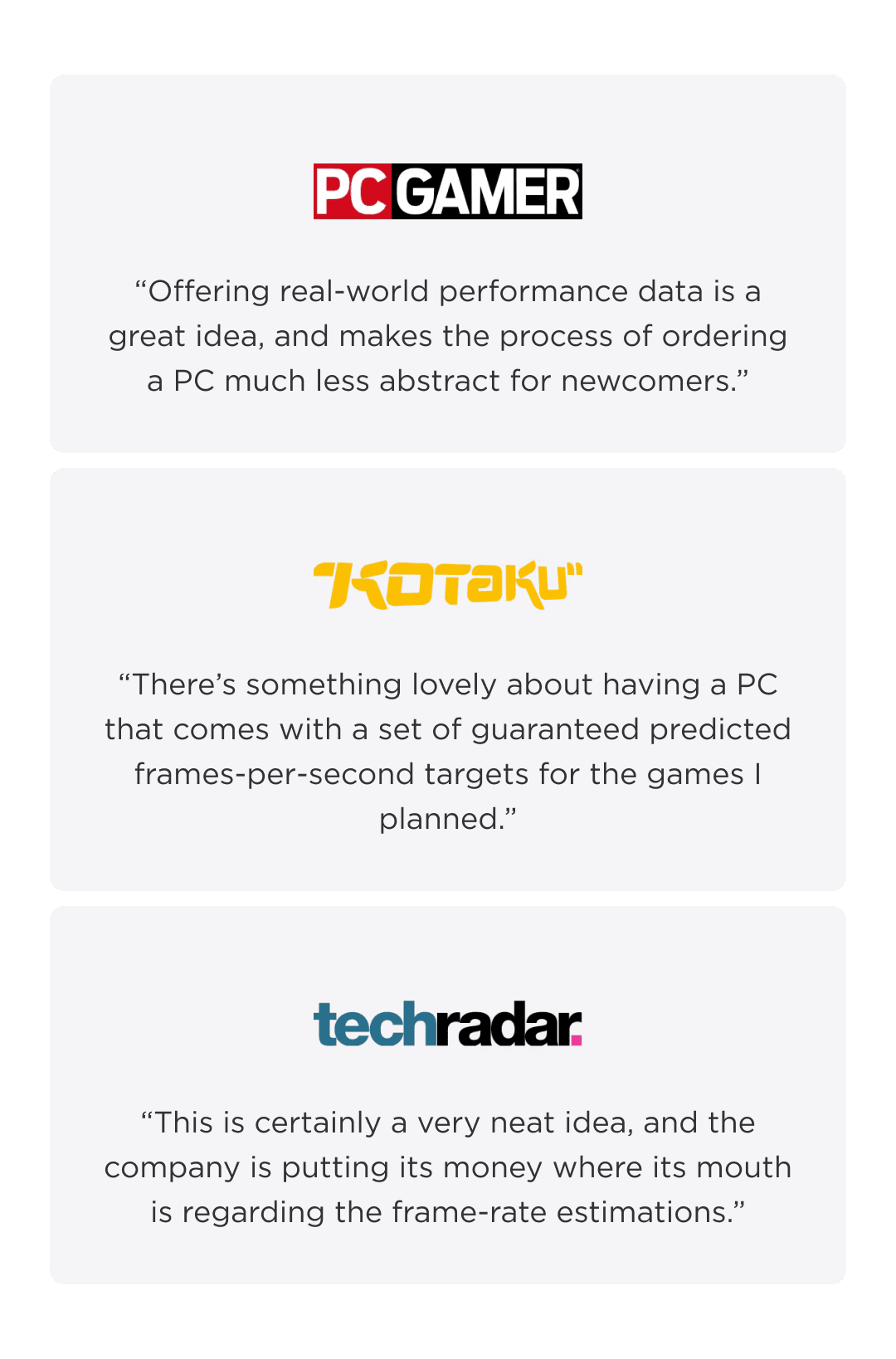 testimonials from pcgamer, kotaku and techradar