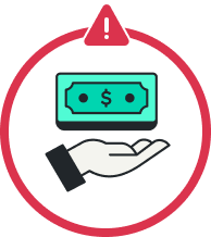 An alert icon above a circle surrounding a dollar bill in an open hand.