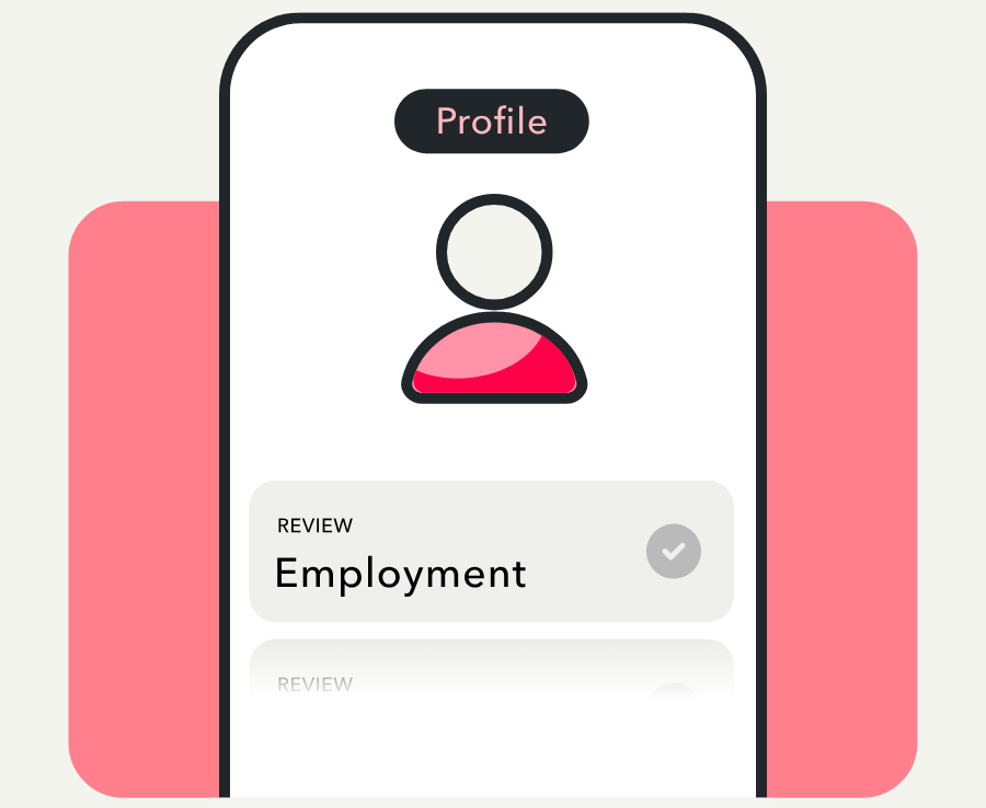 Mockup of TurboTax app profile page with rotating review options: Employment, Current address, Current salary