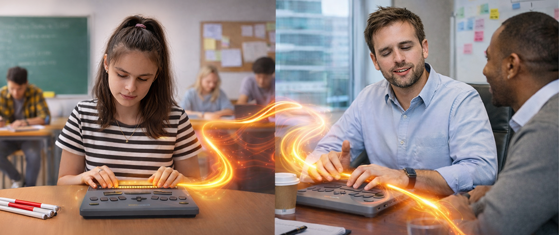 A student and a professional use the BrailleNote evolve, connected by a glowing light flow symbolizing the journey from learning to the workplace.