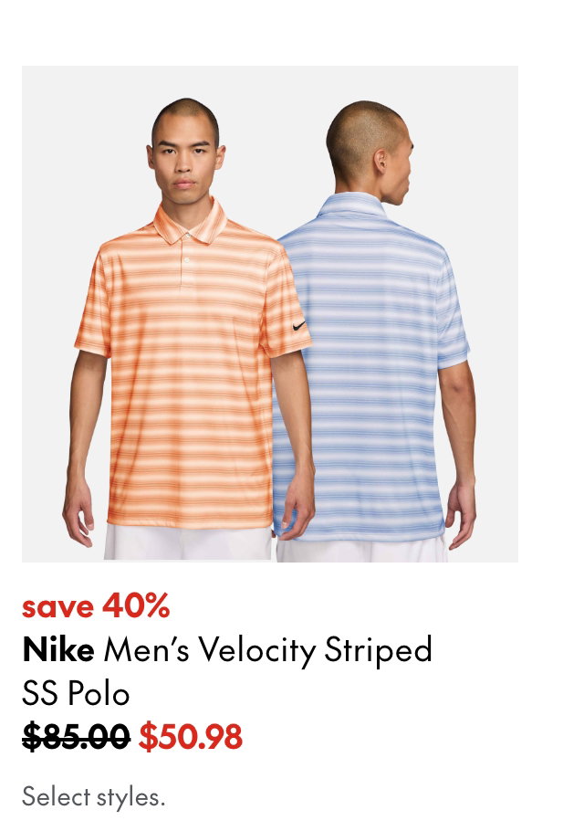 Nike Men's Velocity Striped SS Polo
save 40%
85.00 (Strikethrough)
50.98
Select styles.