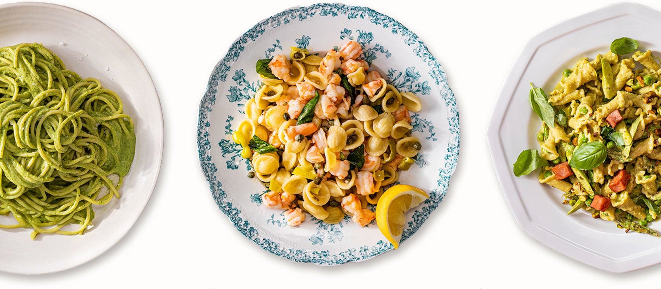Green Spaghetti; Orecchiette with Shrimp, Pepperoncini, and Basil; Spring Vegetable Pasta with Crispy Mortadella and Pistachio Cream