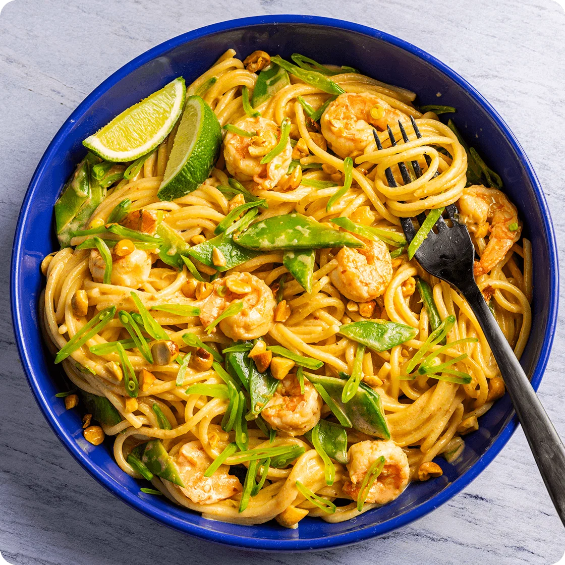 Spicy Peanut Noodles with Shrimp and Snow Peas