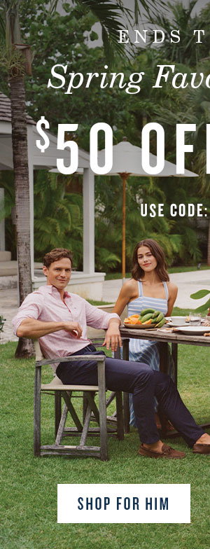 Men and women in spring outfits, sitting around a table. $50 off $150 using code SPRING50. Shop for him.