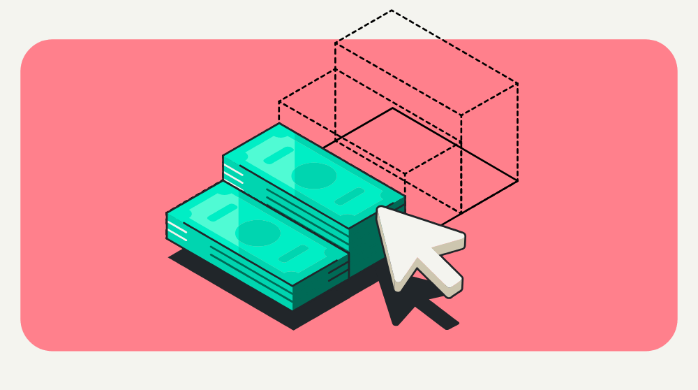 A mouse cursor follows a stack of cash as it grows into larger stacks, forming a staircase.