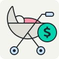 A baby stroller with a dollar symbol near it.