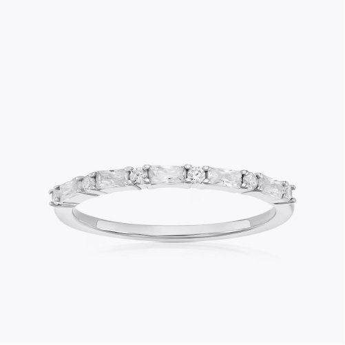 Sterling Silver Baguette & Round Cubic Zirconia Half Eternity Ring