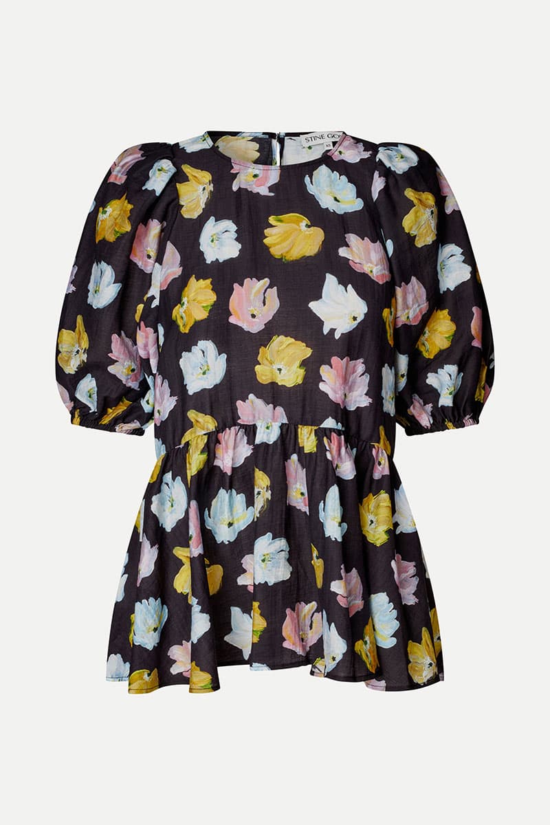 Puff Sleeve Peplum Top - Morgensol Poppies