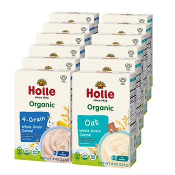 Holle Organic Whole Grain Cereal Bundle, Oat and 4-Grain Variety Pack, 12 - 8 oz Boxes