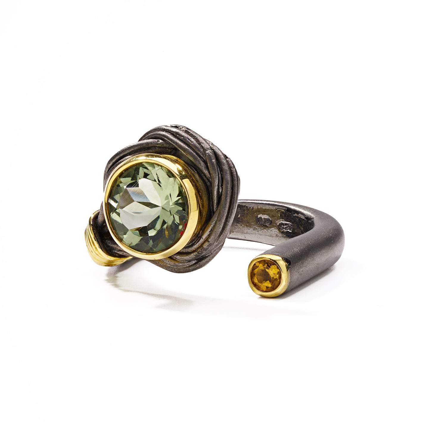 Image of Cartalia Open Band Black Rhodium & Gold-Plated 925 Silver Ring with Green Amethyst & Citrine