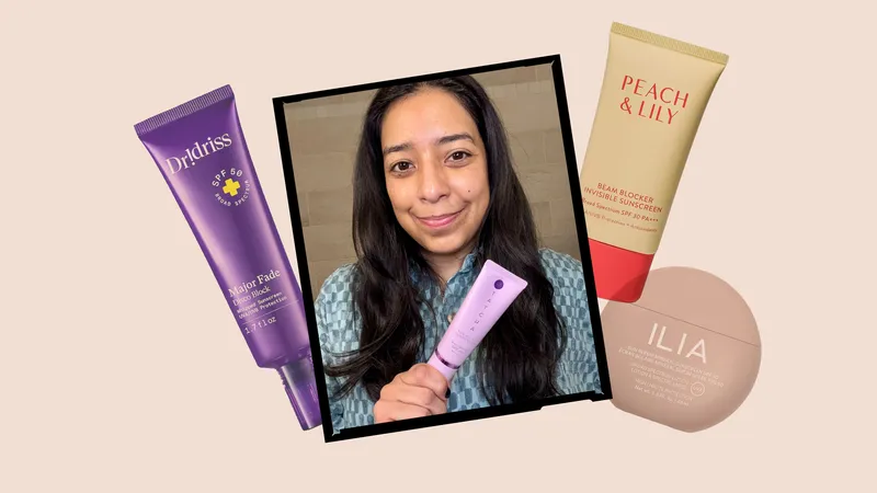 Image contains an Allure editor with theT atcha The Milky Sunscreen SPF 50+ PA++++ surrounded by a collage of sunscreens