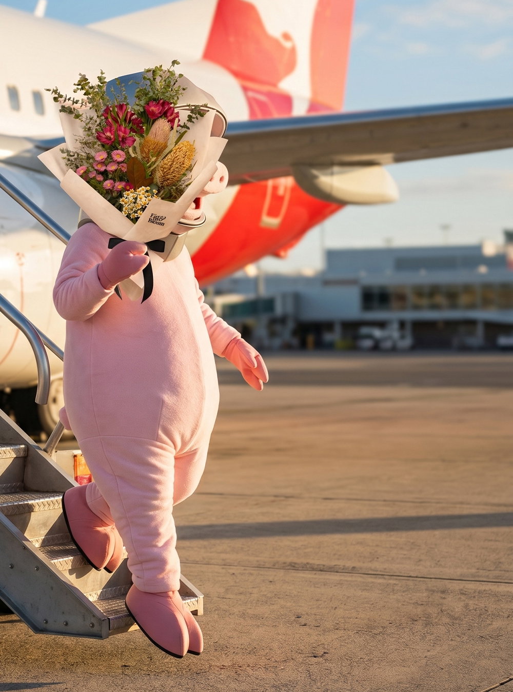 The Moonpig mascot stepping off a plane carrying a Fig and Bloom bouquet