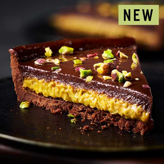 Chocolate pastry tart filled with salted pistachio and kadayif pastry