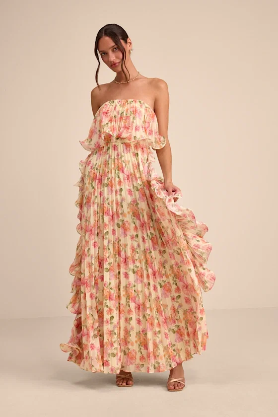 Image of Andri Light Yellow Floral Pleated Ruffled Maxi Dress