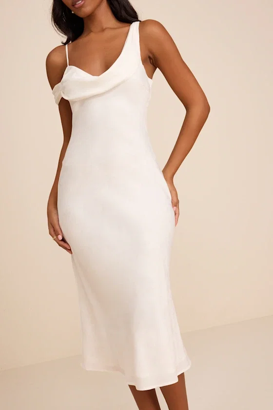 Image of Cavani White Satin Asymmetrical Midi Dress